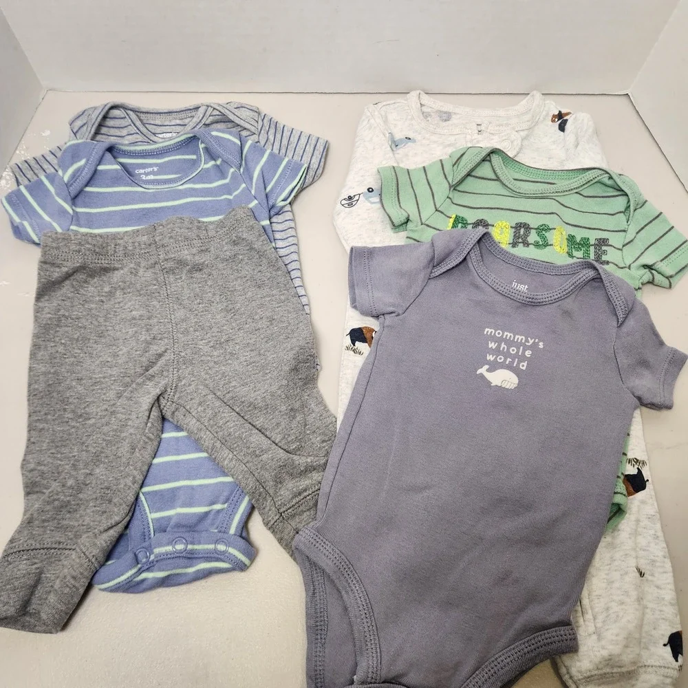Carter's Infant 3M Boy Bodysuits Lot 6 Pieces Stripes Pants Whale‎ Short Sleeve